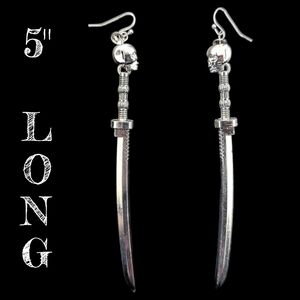 NWT Rare Goth Extra Long Dangly Skull Katana Sword Earrings DEADSTOCK